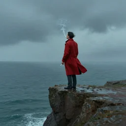 a man wearing a long red coat standing on the edge of a cliff smoking a cigarette and looking out to the sea, leaves in the wind, rain, dusk, artstation, concept art, art by Craig Mullins and Gret Rutkowski