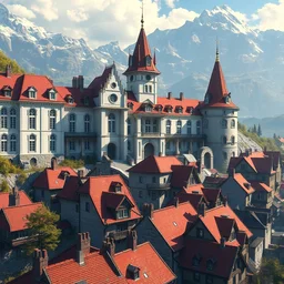 the most prestigious bardic school of the continent, bright colors fanions, campus of white building, red roofs, digital art, cinematic, scenic view, bright day, matte painting by greg rutkowski and emmanuel shiu and john atkinson grimshaw, trending on artstation, 4 k