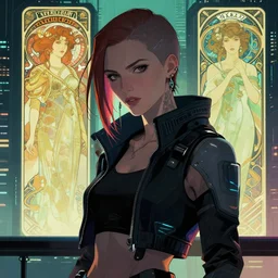 cyberpunk woman in a cyberpunk city looking at the camera, high detail, crisp shading, in the style of greg rutkowski and alphonse mucha and andree wallin, portrait