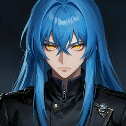 full shot of rimuru tempest, sky blue straight hair, long bangs, with amber eyes, wearing a fancy black jacket, high collar, ultra detailed, brush strokes, digital painting, cinematic, wlop artstation, closeup, pixiv, intense, intimidating glare, photorealistic, overpowering, makoto shinkai, rossdraws, andy warhol,