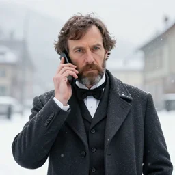 alexander graham bell using a cell phone in switzerland while its snowing