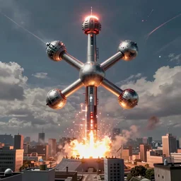 a highly detailed atomic bomb detonated above the city, 8 k, chaotic atmopshere, unreal engine, cinematic, touching, very detailed