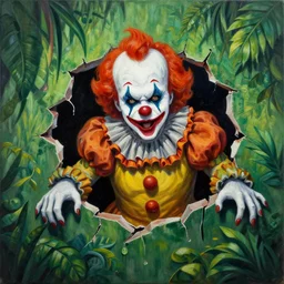 zombie clown breaking through 4 th wall jungle painting, oil and acrylic on canvas, high detail