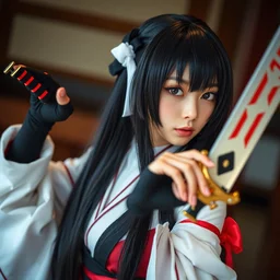 highly detailed beautiful anatsu kyoushitsu cosplay, warcore, dramatic pose, long black hair and fringe, professional photography 8 k 3 5 mm, holding weapon, pixiv