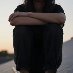 closeup portrait photo of the person sitting on a ramp knees up, crossed arms, overcast sunset, Nikon D850, f/5.6, ISO 100
