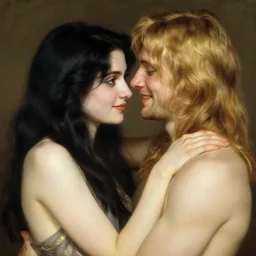 black hair woman embrace blond long hair man while smiling, john william waterhouse, soft lighting, romantic, love