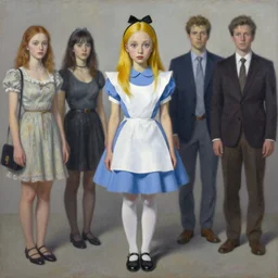 pop surrealism, lowbrow art, realistic alone cute alice girl painting, japanese street fashion, hyper realism, muted colours, rococo, natalie shau, loreta lux, tom bagshaw, mark ryden, trevor brown style