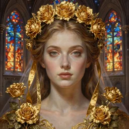 breathtaking detailed soft painting of a bride with golden ribbons in gondor, art nouveau golden rose flowers floating around sacre coeur, detailed symmetrical facial features, hyper detailed fire stained glass windows, volumetric lighting, concept art, matte, sharp focus, art by matchach, celestialfang