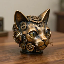 steampunk robotic cat head, bronze, gears, on a wooden table