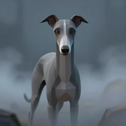 elusive mysterious greyhound staring at the camera through colorful mist, hyper detailed, masterpiece, muted blue and grey colors, polycount cel shaded