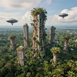 an alien civilization of skyscrapers merged into brazil nut trees, with futuristic bio - spaceships among beautiful amazon jungle, high definition photography, incredible details, by christophe vacher