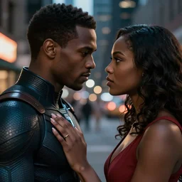 movie powerful mutant heroes interracial couple closeup, diversity, DC Marvel fashion, VFX powers at night in the city, city street, beautiful skin, natural lighting by Emmanuel Lubezki