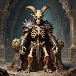 A little vibrant. A spiked horned detailed semiork-semihuman skeleton with armored joints stands in a large cavernous throne room with a pebble in hands. Wearing massive shoulderplates, cloak. Extremely high details, realistic, fantasy art, solo, masterpiece, bones, ripped flesh, colorful art by Zdzisław Beksiński, Arthur Rackham, Dariusz Zawadzki, Harry Clarke