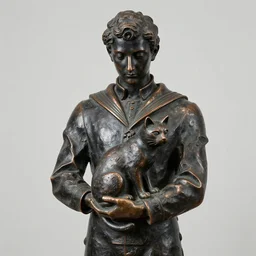 sculpture of a young man holding a cat in his hands, man is wearing old navi uniforn, black copper, by marino marini