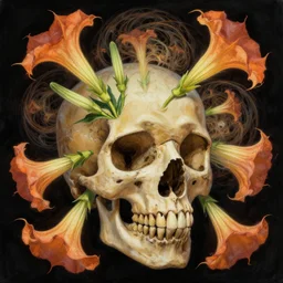 an epic fantastic realism comic book style painting of datura flowers and a fractal skull within a fractal within a fractal within a fractal within a fractal all contained in a human skull and complimented with the most beautiful datura flowers, dynamic lighting, datura, angel's trumpet