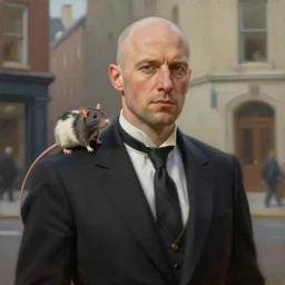 urban fantasy butler that looks similar to michael kane, handsome, photorealistic, 4 k, oil painting filter, balding, well dressed, pet rat on shoulder
