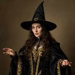 portrait of a witch, dressed in black clothes embroidered with gold, by donato giancola and berthold woltze.