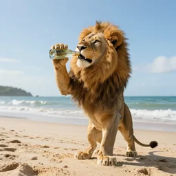 photo of an anthropomorphic lion drinking champagne at the beach, wide angle, highly - detailed realistic