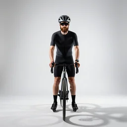 bearded cyclist with helmet, studio photography, full body, standing, isolated on a pure white background, centered, whole figure in frame, sharp focus, studio lighting