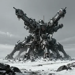 massive mechanical structure building on a rocky snowy beach, horror vibes, matte painting, art by craig mullins
