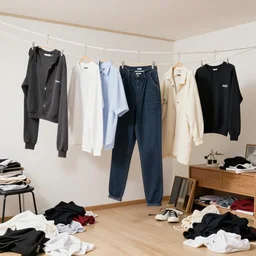 photograph of kpop clothes drying in a messy kpop idol's apartment, art supplies, kpop posters, a large stone wild boar sculpture, ikebana, black walls, bromeliad
