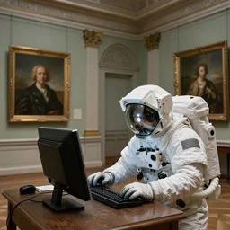 an astronaut working on a 8 0 ’ s desktop computer in an old ornate art gallery. photorealistic. zdzisław beksinski, dariusz zawadzki, mariusz lewandowski highly detailed.