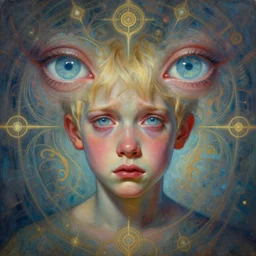 painful expression, powerful symmetrical visionary art by mandy jurgens by android jones, powerful eyes glowing highly detailed painting of deep sadness alone, very young blonde boy spiritual portrait, expressive emotional sadness, symmetrical, trending on art station, abstract in emotional sadness expression, very very very beautiful, fantasy digital art, highly detailed patterned visionary art, magic symbols, beautiful eyes