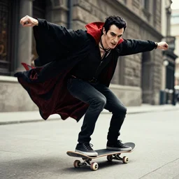 photograph of dracula on a skateboard