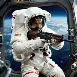 astronaut aiming a rifle from his attack spaceship cockpit