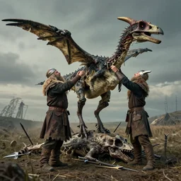 two excited Vikings high fixing while standing in front of a dead pterodactyl with spears jutting from its body, professional photograph