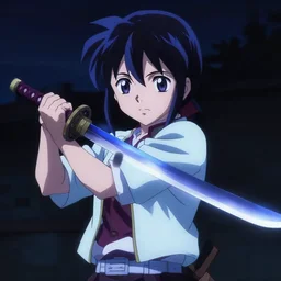 Anime Screenshot of a Tohru HOLDING A KATANA at night, strong blue rimlit, visual-key, Nighttime Moonlit, cowboy shot anime illustration BY STUDIO TRIGGER