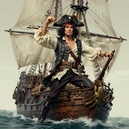 pirate ship, rgb, thin, model, short black curly hair, round face, pirate clothes, amazing composition & dynamic posing, by franz xavier leyendecker, wlop! muted colors, highly detailed, fantasy art by craig mullins, thomas kinkade cfg _ scale 9