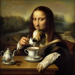 a painting by Leonardo De Vinci of a dog drinking tea