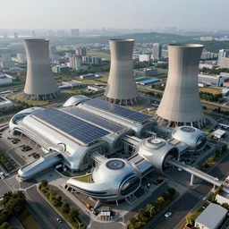 aerial view of a renewable futuristic powerplant designed by Jorn Utzon, epic shot, masterpiece, highly detailed, 8k cinematic, unreal engine, global illumination