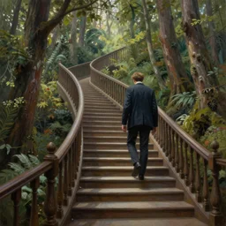 a man walking up a steep and winding staircase, in beautiful woods, intricate, elegant, highly detailed, oil painting, artstation, concept art, sharp focus, beautiful illustration, society, by justin gerard and artgerm, 4 k