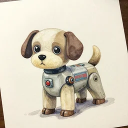 a detailed painting of a cute retro robot dog made of alcohol ink on parchment, muted colors