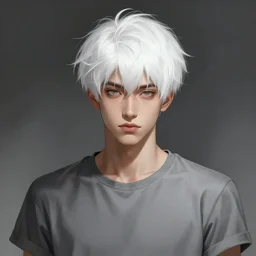 portrait of a feminine young man with short white hair, bedhead, wearing a gray t shirt, dramatic lighting, illustration by Rossdraws, professional portfolio, 4k, digital art, concept art, trending on artstation