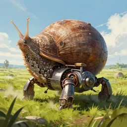 large mechanical snail robot machine in the marshlands, detailed illustration, concept art, dynamic colour palette, highly detailed, high contrast, strong lighting