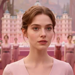 cinematic mid shot of a high detail, refined woman's face looking off camera. fine facial features. she stands in an empty, pastel colourful 3 d, forrest scene, shallow depth of field, multiple copies of the woman, by jeffrey smart and gregory crewdson and edward hopper, inspired by the grand budapest hotel