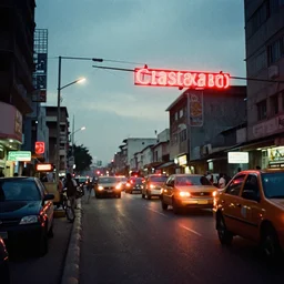 cinestill 8 0 0 t photograph of a neon lit - lagos urban street - in nigeria - with cartivator skydrive traffic,