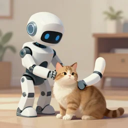 a robot petting a cat, digital painting trending on artstation