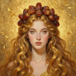 epic painting, full figure portrait of beautiful goddess with with sweet dried dates fruits, medjool dates, dried dates crown,, goldenn tea leaves flying background, golden glow background, drawing, photography by amy leibowitz, wlop, jeremy lipkin, beeple, intricate, 4 k, golden wavy swirly hair, symmetrical front portrait