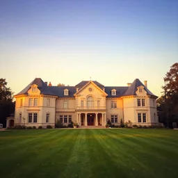a vibrant photograph of a mansion, wide shot, outdoors, sunset photo at golden hour, wide-angle lens, soft focus, shot on iphone 6, on flickr in 2007