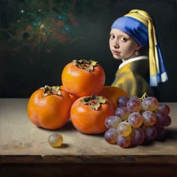 still life with persimmons and grapes on a table painted by Johannes Vermeer, vivid colors, high details, cinematic, 8k resolution, beautiful detailed, photorealistic, digital painting, artstation, concept art, smooth, sharp focus, illustration, fantasy background, artstation trending, octane render, unreal engine