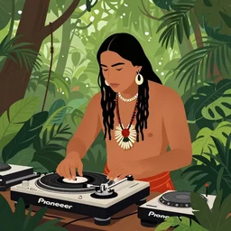 an indigenous dj playing with pioneer turntables in the jungle, poster art by daniele caruso, benediktus budi, jason edmiston, vc johnson, powell peralta