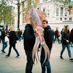 2 0 1 9, vivid color photograph of an enormous squid engulfing a bloke in a hoodie in london. bypassers walk past without any care 3 5 mm film perfect focus hyper chromatic aberration galore