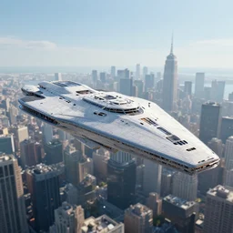photograph of a futuristic starship hovering over Manhattan, award winning