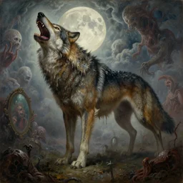 concept art of giant wolf, lovecraftian, renaissance, roaring, melting horror, round moon, rich clouds, fighting the horrors of the unknown, mirrors, very detailed, volumetric light, mist, grim, fine art, decaying, textured oil over canvas, epic fantasy art, very colorful, ornate scales, anato finnstark