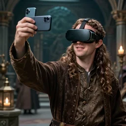 Mark Zuckerberg as a long haired medieval scientist wearing VR glasses and taking a selfie at the meta-verse, by Diego Velázquez