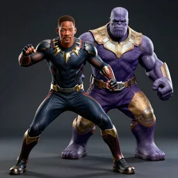 will smith as black panther, full body shot, fighting thanos, ultra realistic,